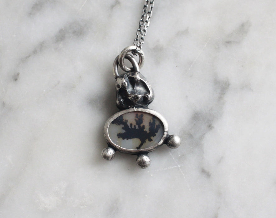 Dendritic Agate Slice and Cast Sterling Tooth Pendant