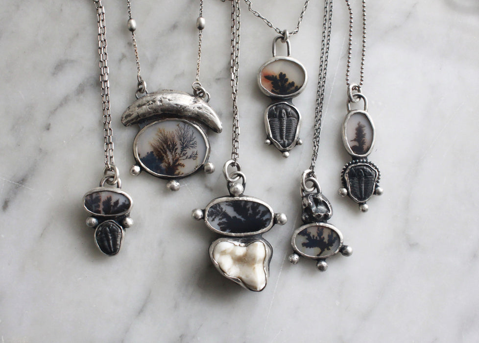 Dendritic Agate Slice and Cast Sterling Tooth Pendant