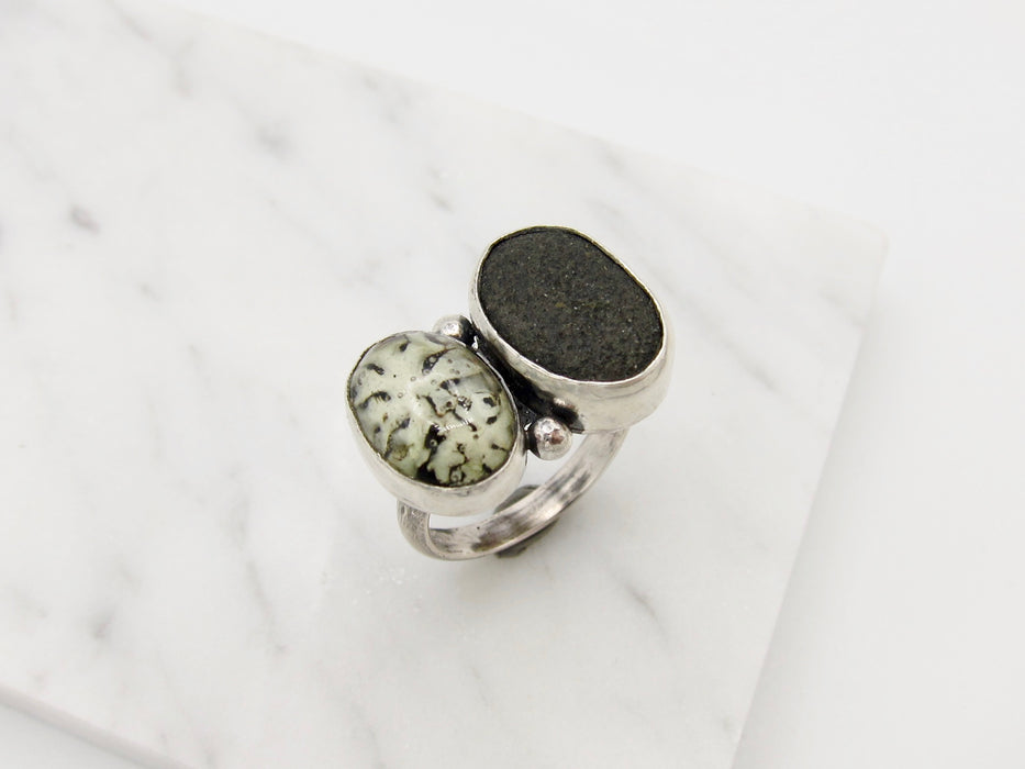 Stone and Lichen Sterling Ring - size 8.25 US