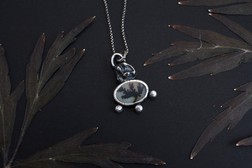Dendritic Agate Slice and Cast Sterling Tooth Pendant