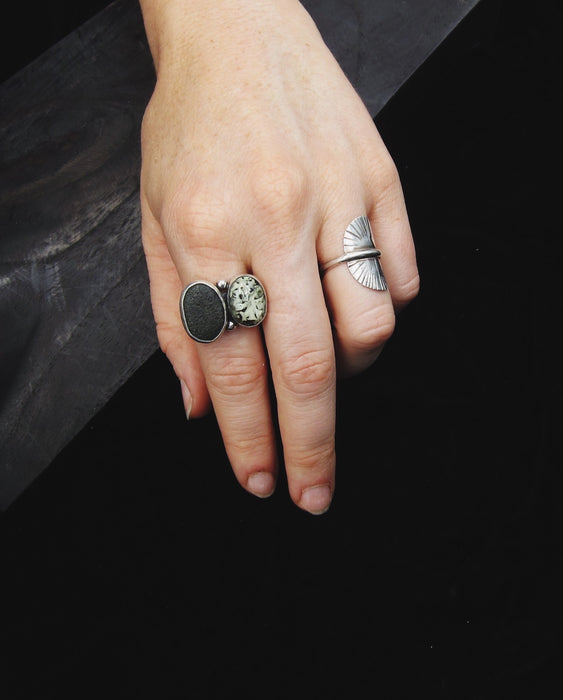 Stone and Lichen Sterling Ring - size 8.25 US