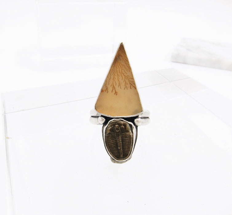 Natural History Ring - Trilobite and Dendritic Agate - size US 7.5
