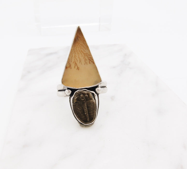 Natural History Ring - Trilobite and Dendritic Agate - size US 7.5