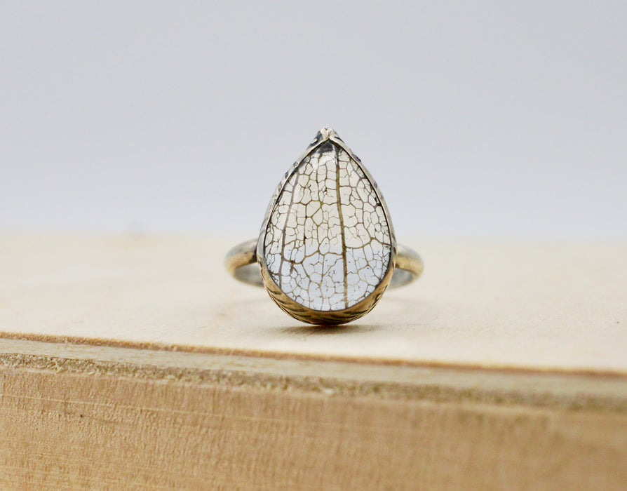 Medium Pear Leaf Skeleton Pools of Light Ring - stamped - size US 7.75