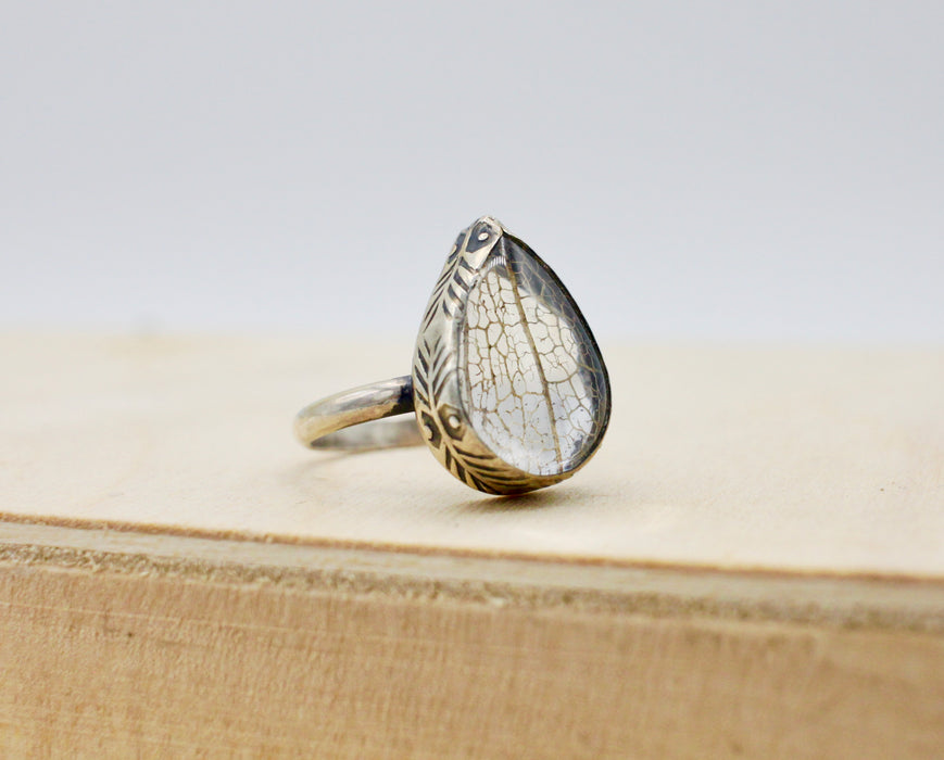 Medium Pear Leaf Skeleton Pools of Light Ring - stamped - size US 7.75