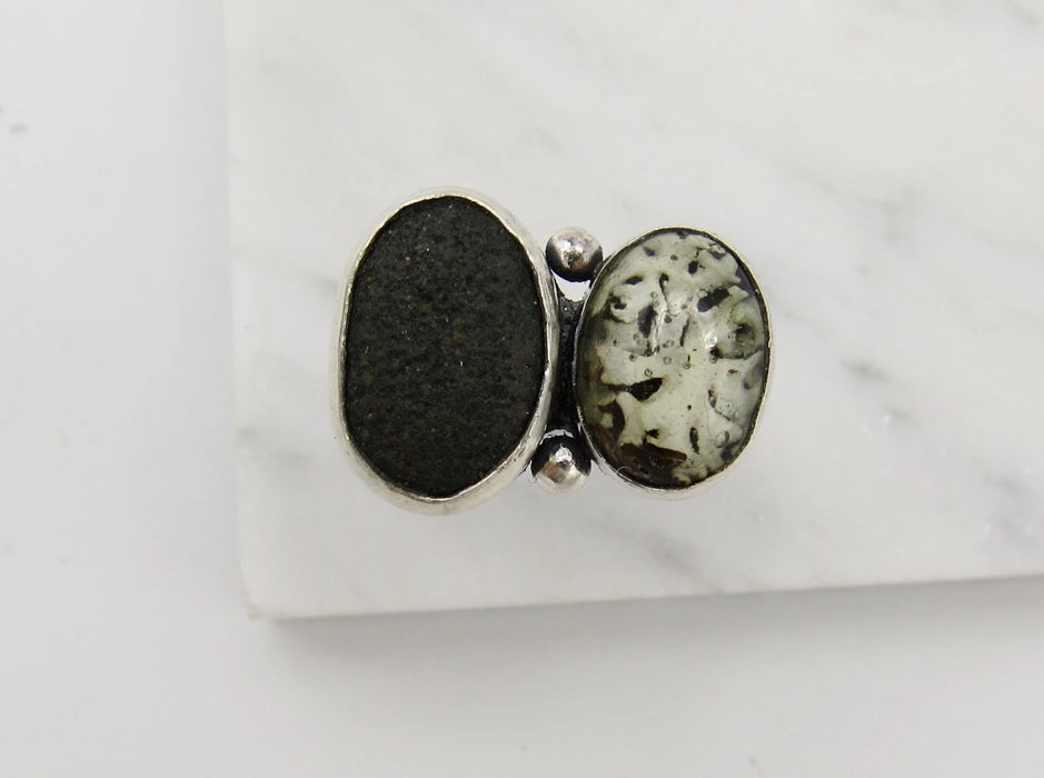 Stone and Lichen Sterling Ring - size 8.25 US